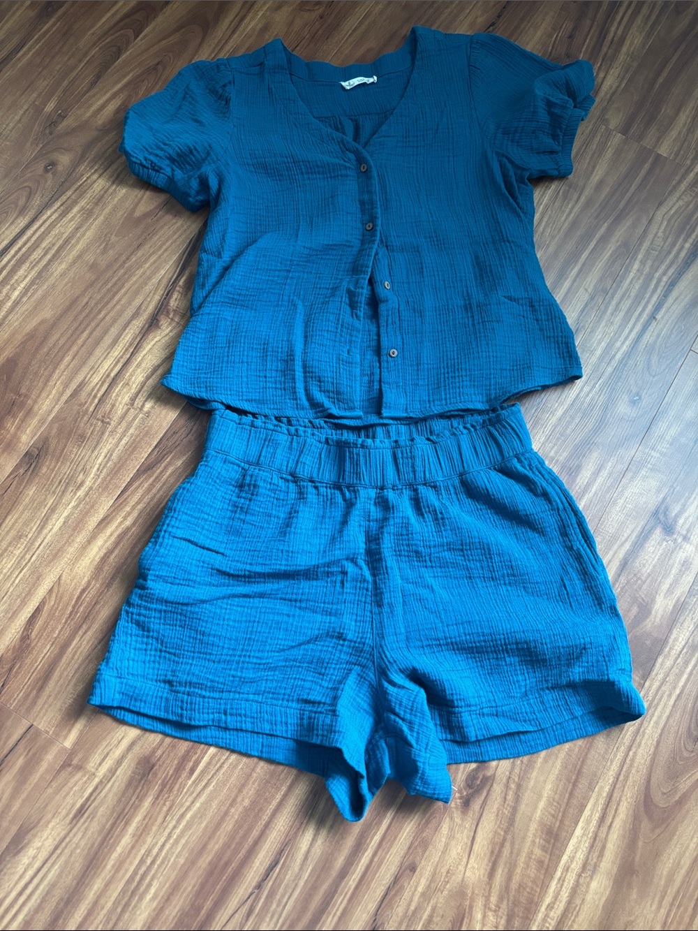 Teal Two-Piece Organic Cotton Gauze Button Short Set